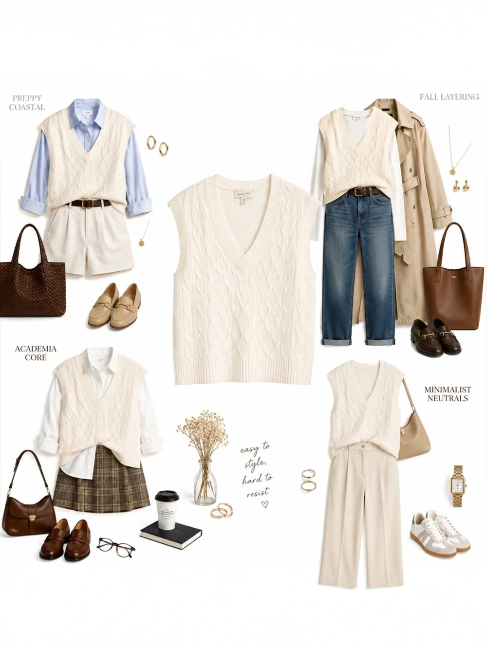 Cable Knit Sweater Vest Cream V Neck Preppy Coastal Grandpa Core Medium